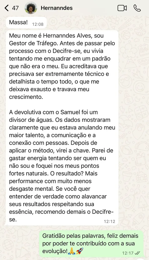 Mensagem de depoimento de Hernanndes, participante da metodologia Decifre-se